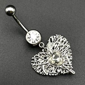 316L Stainless Steel with White Diamond Cubic Zirconia Dangling Heart Belly Ring